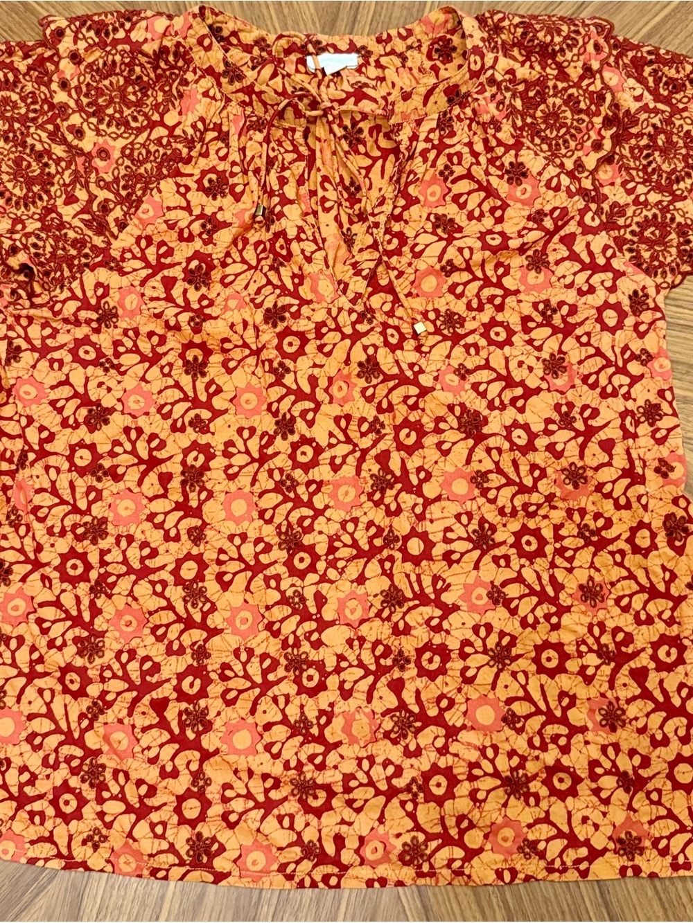 Floral Tie-Neck Blouse in Warm Coral and Red